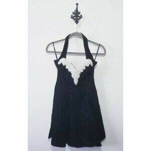 VTG 80's ILGWU Halter Dress Size S Black Taffeta Pearl Detailing Rockabilly EUC